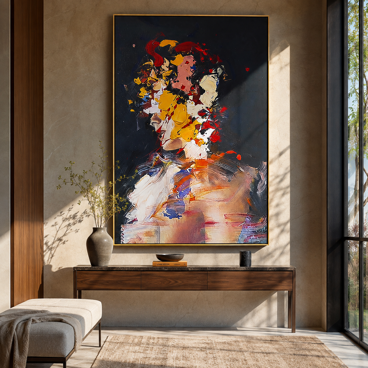 Painted Face Breaks Darkness styled with neutral modern furnishings