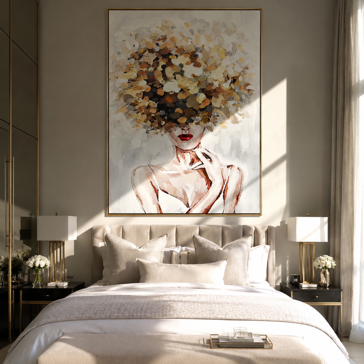 Pale Blossoms Replace Thought presented above a contemporary console