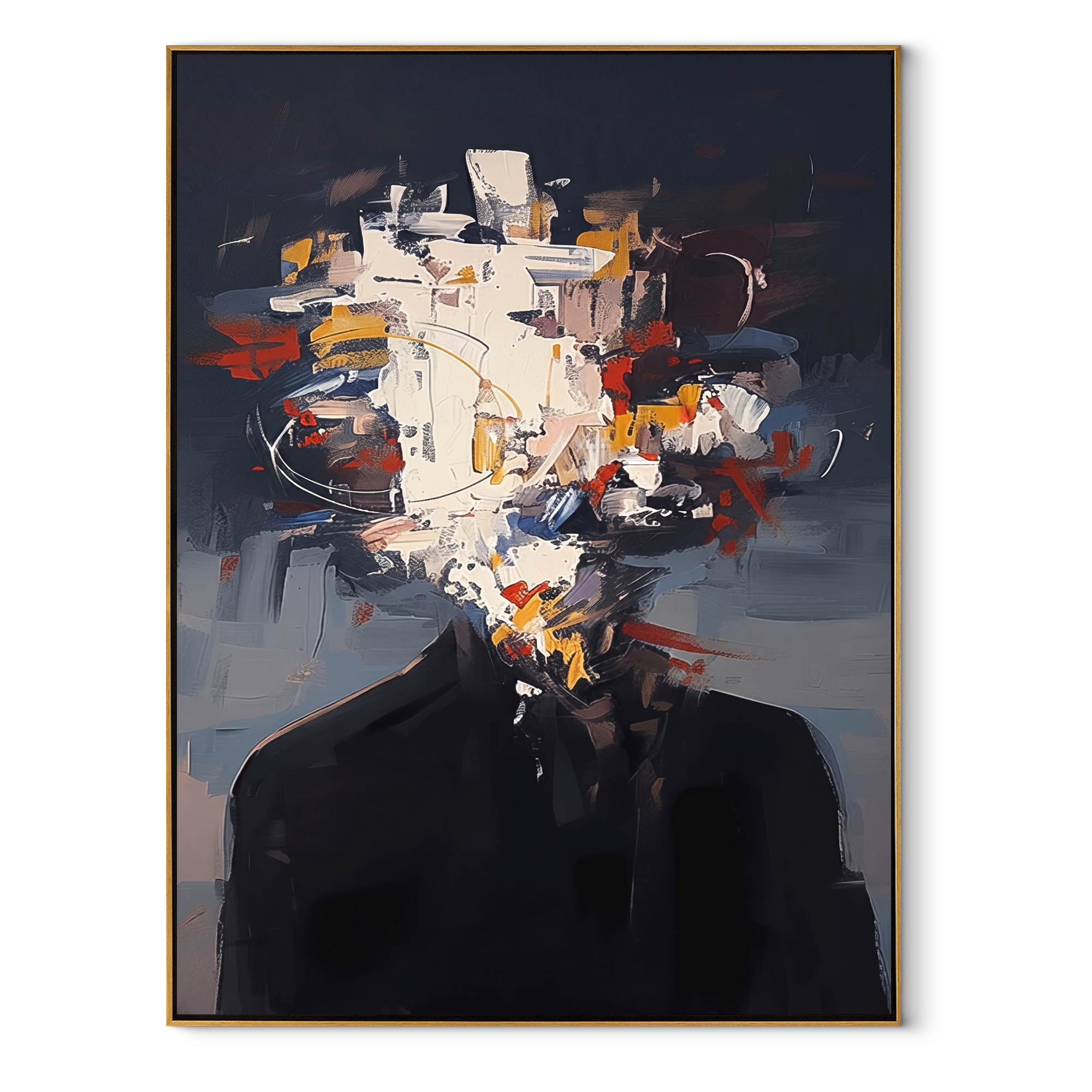 White Paint Shatters Suit textured figurative painting, vertical canvas artwork