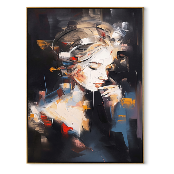 Ochre Face Emerges Slowly – Expressive Painted Woman Face Painting | Retro Modern Vertical Wall Art