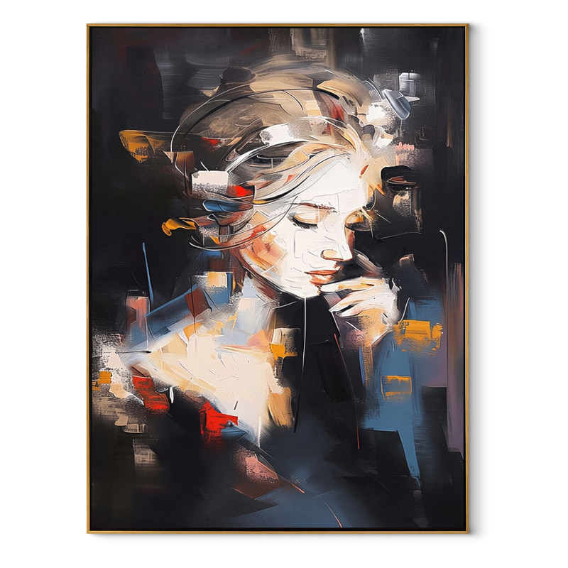 Ochre Face Emerges Slowly – Expressive Painted Woman Face Painting | Retro Modern Vertical Wall Art