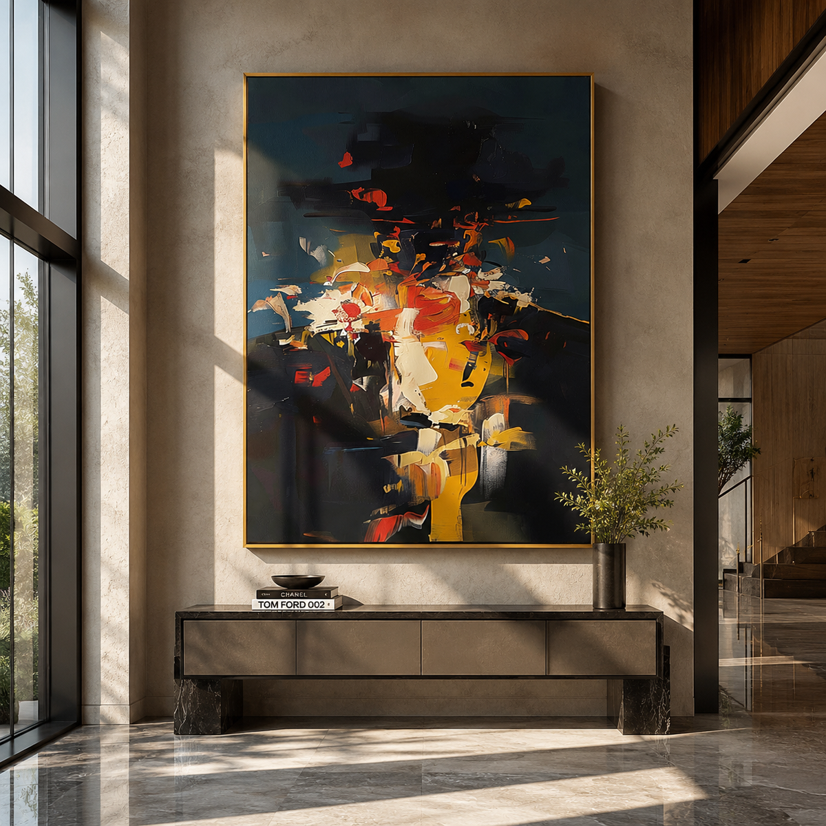 Color Blooms Above Black displayed in a warm contemporary interior