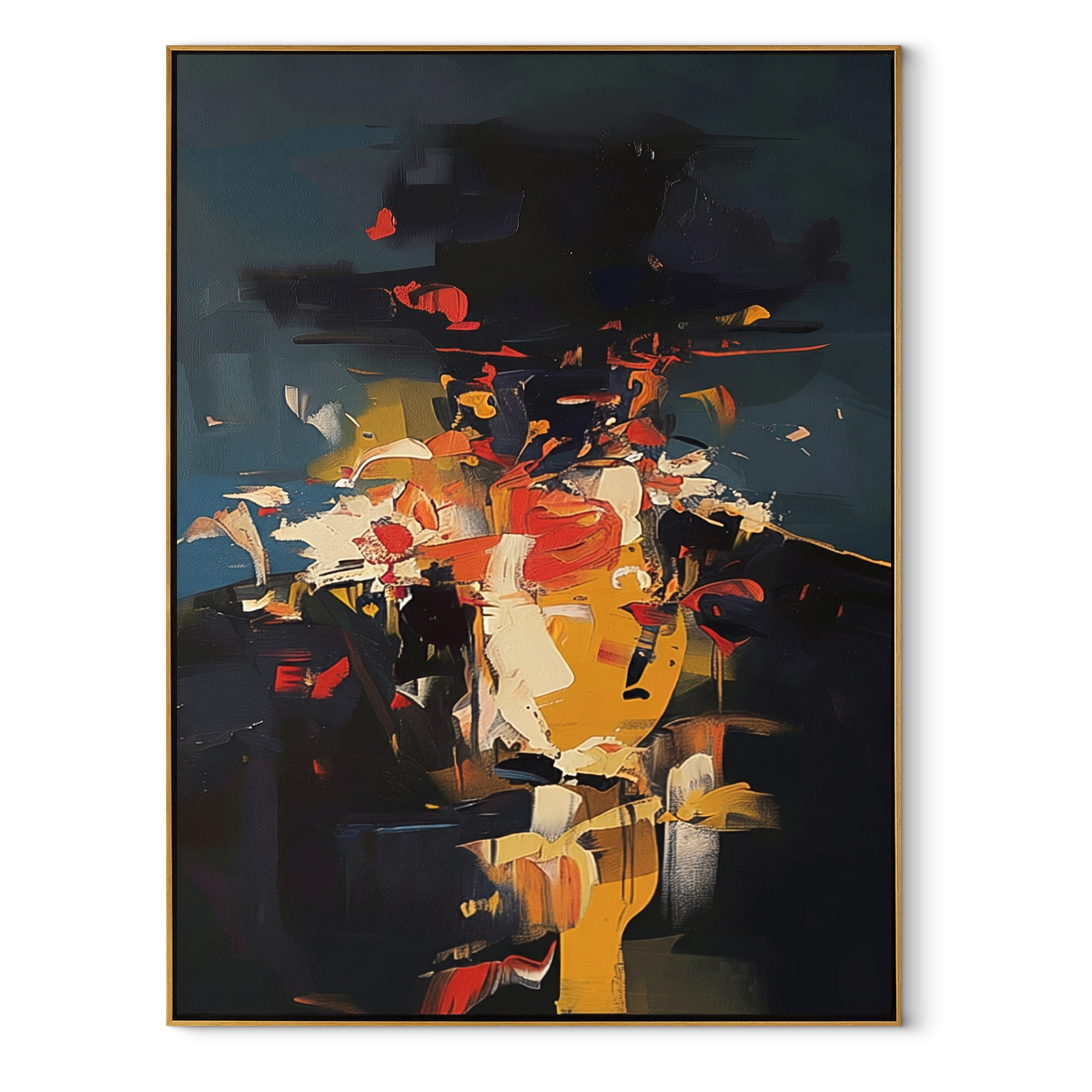 Color Blooms Above Black textured figurative painting, vertical canvas artwork