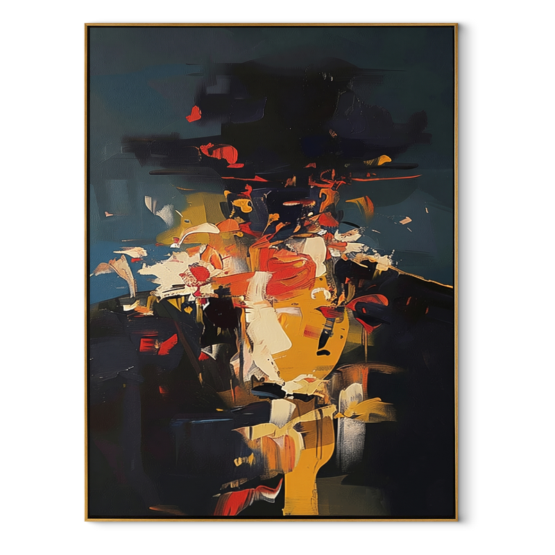 Color Blooms Above Black – Color Head Dark Figure Painting | Retro Modern Vertical Wall Art