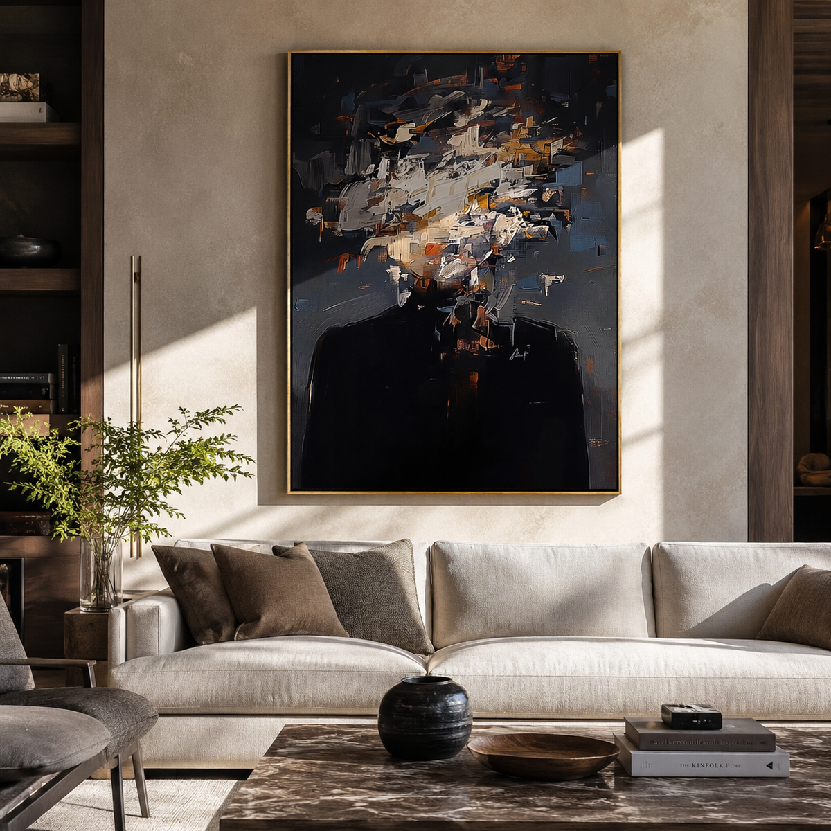 Blue Ochre Clouds Gather displayed in a warm contemporary interior
