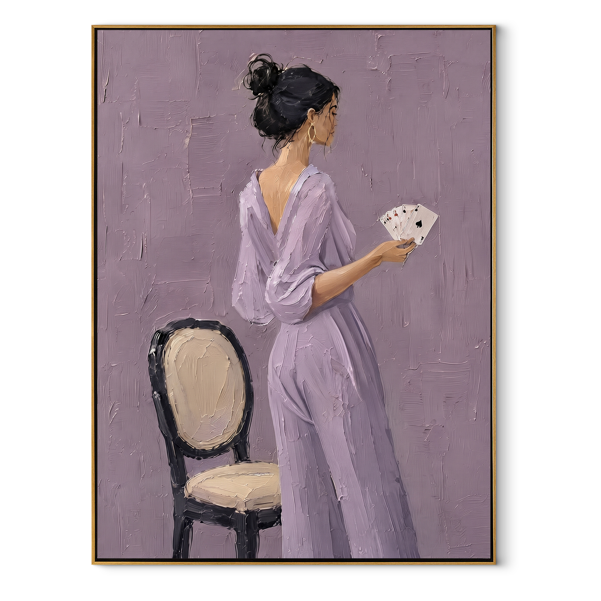 Lavender Suit Holds Cup textured figurative painting, vertical canvas artwork