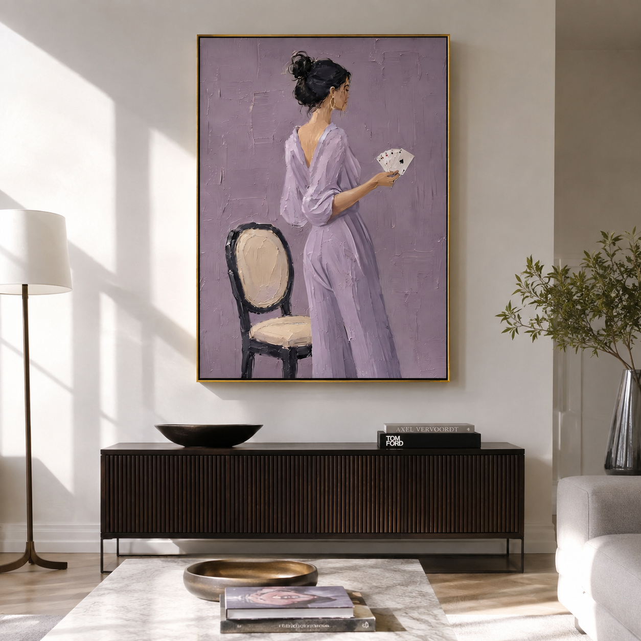 Lavender Suit Holds Cup presented above a contemporary console