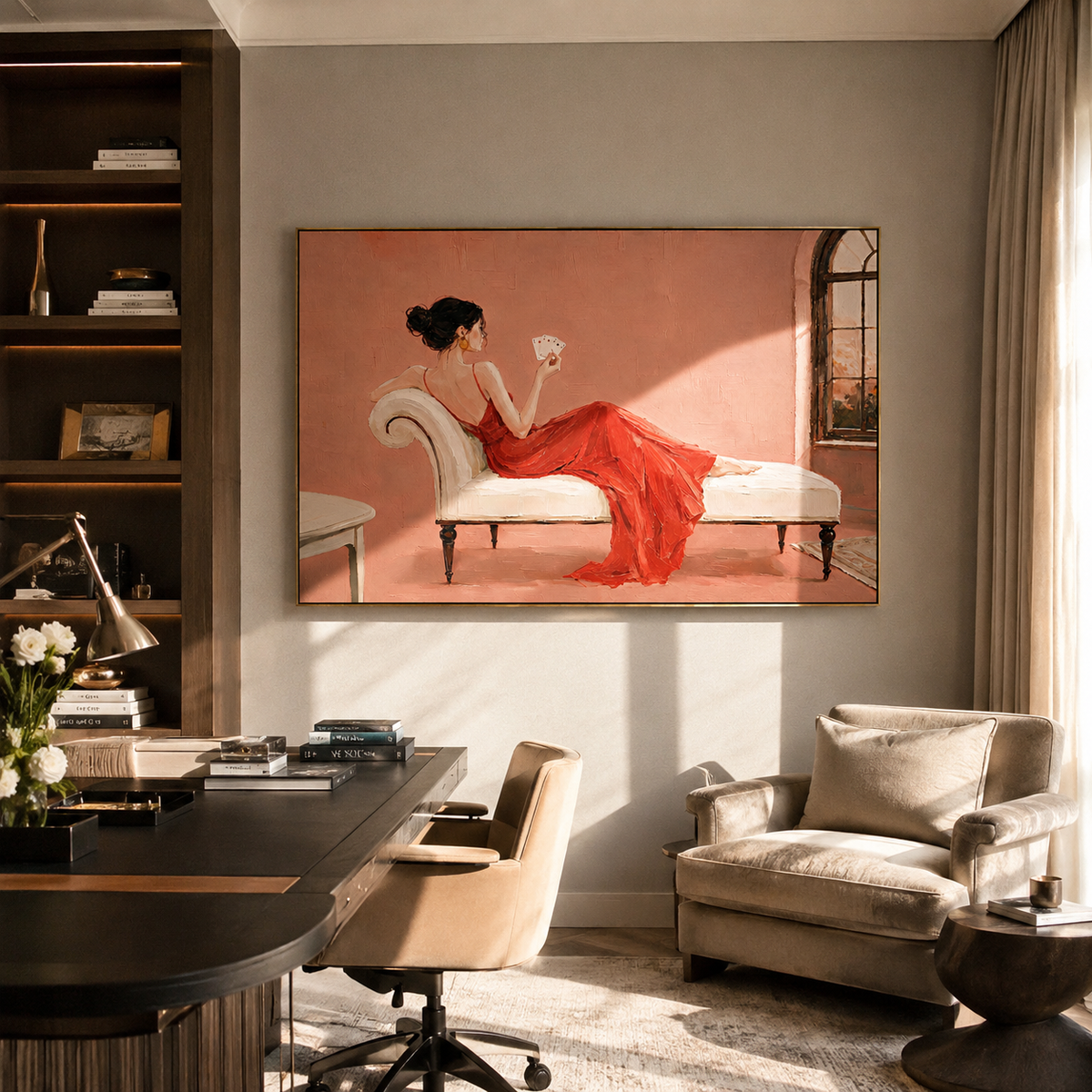 Two Women Trade Stories displayed in a warm contemporary interior
