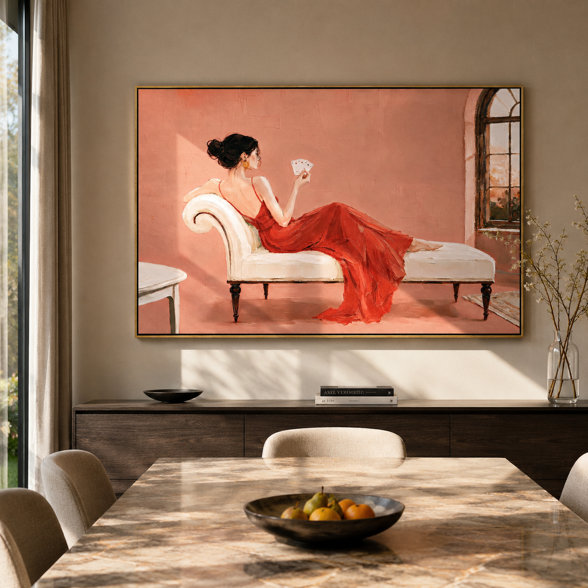 Two Women Trade Stories presented above a contemporary console