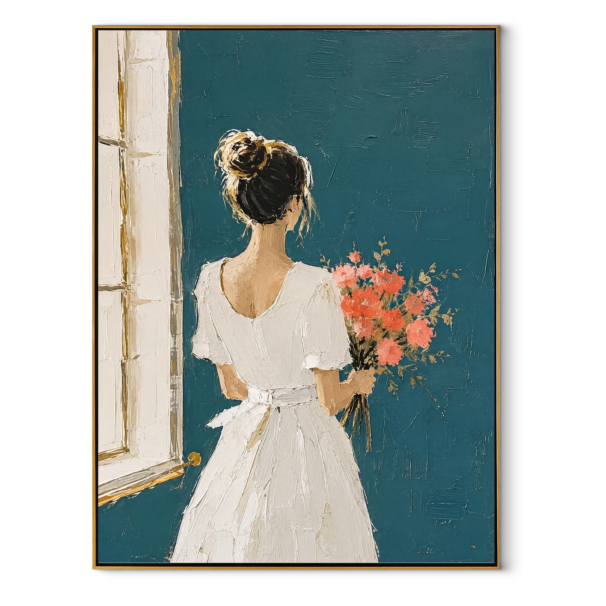Bouquet Follows White Gown textured figurative painting, vertical canvas artwork