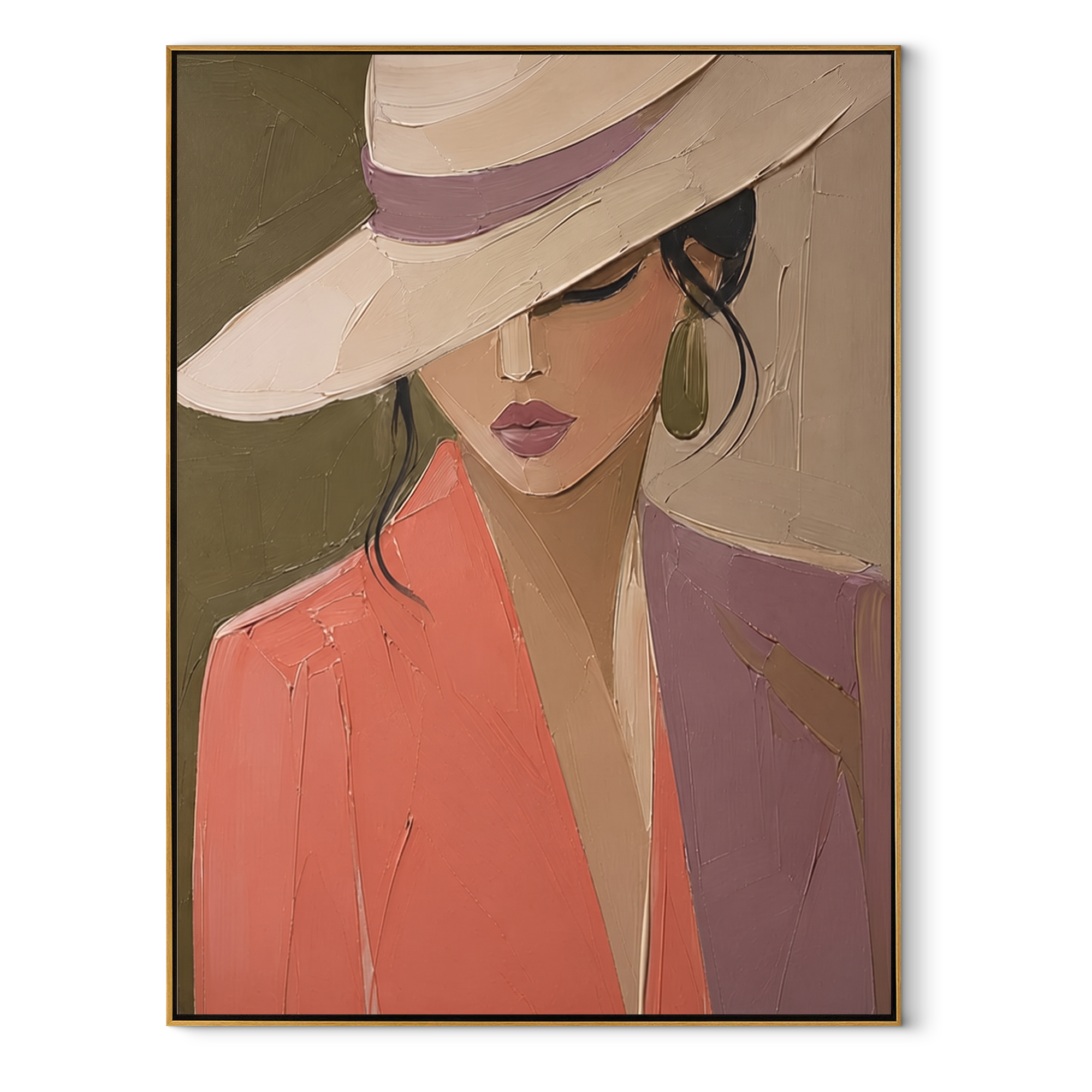 Wide Hat Meets Coral textured figurative painting, vertical canvas artwork