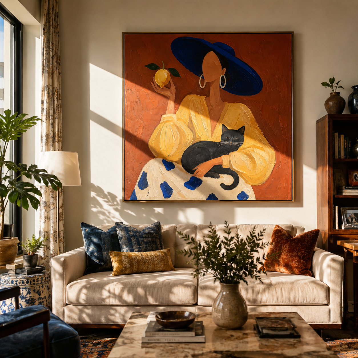 Blue Brim Keeps Secrets displayed in a warm contemporary interior