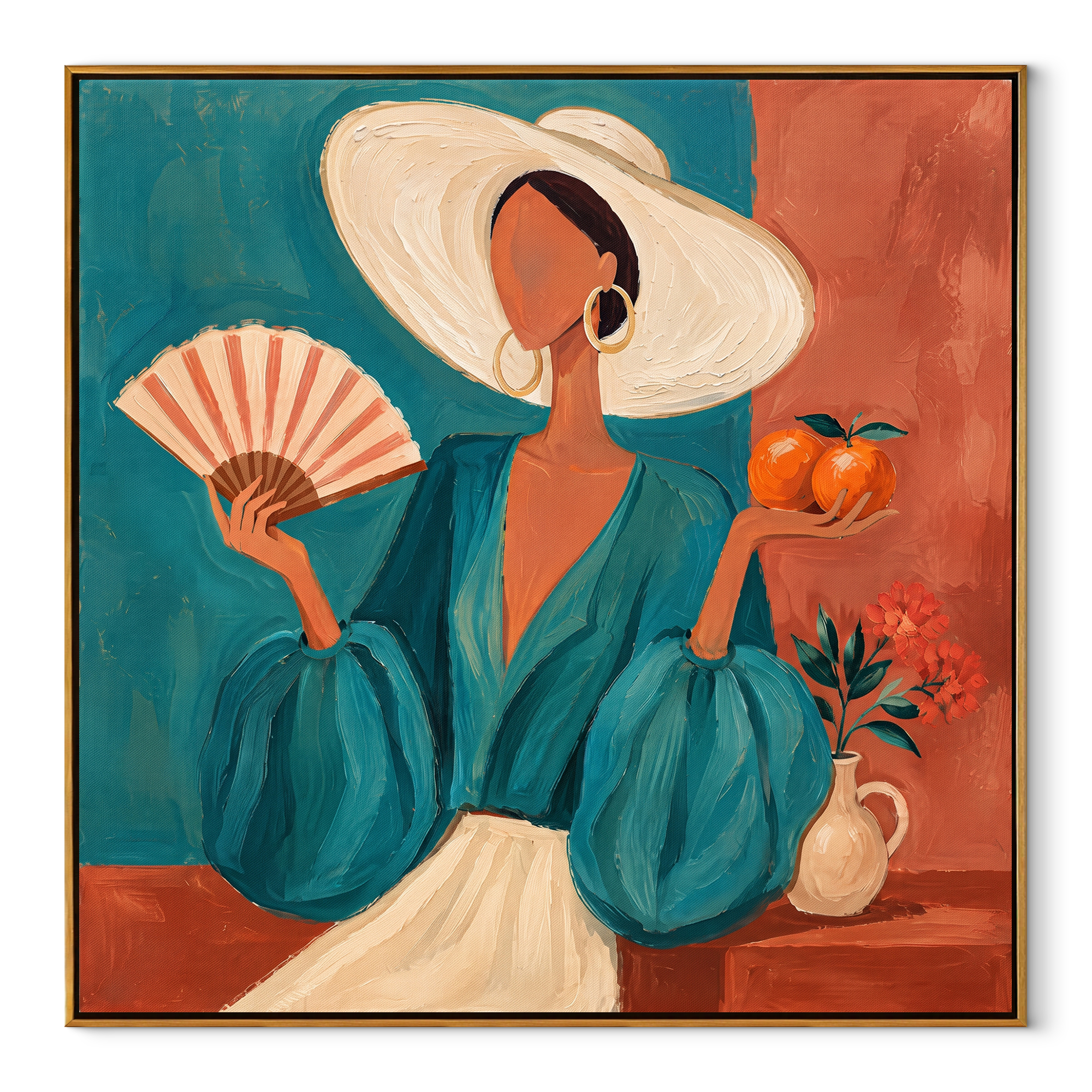 White Hat Cools Coral textured figurative painting, square canvas artwork