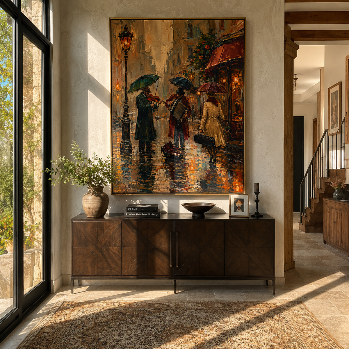 Umbrellas Cross Burnt Rain displayed in a warm contemporary interior