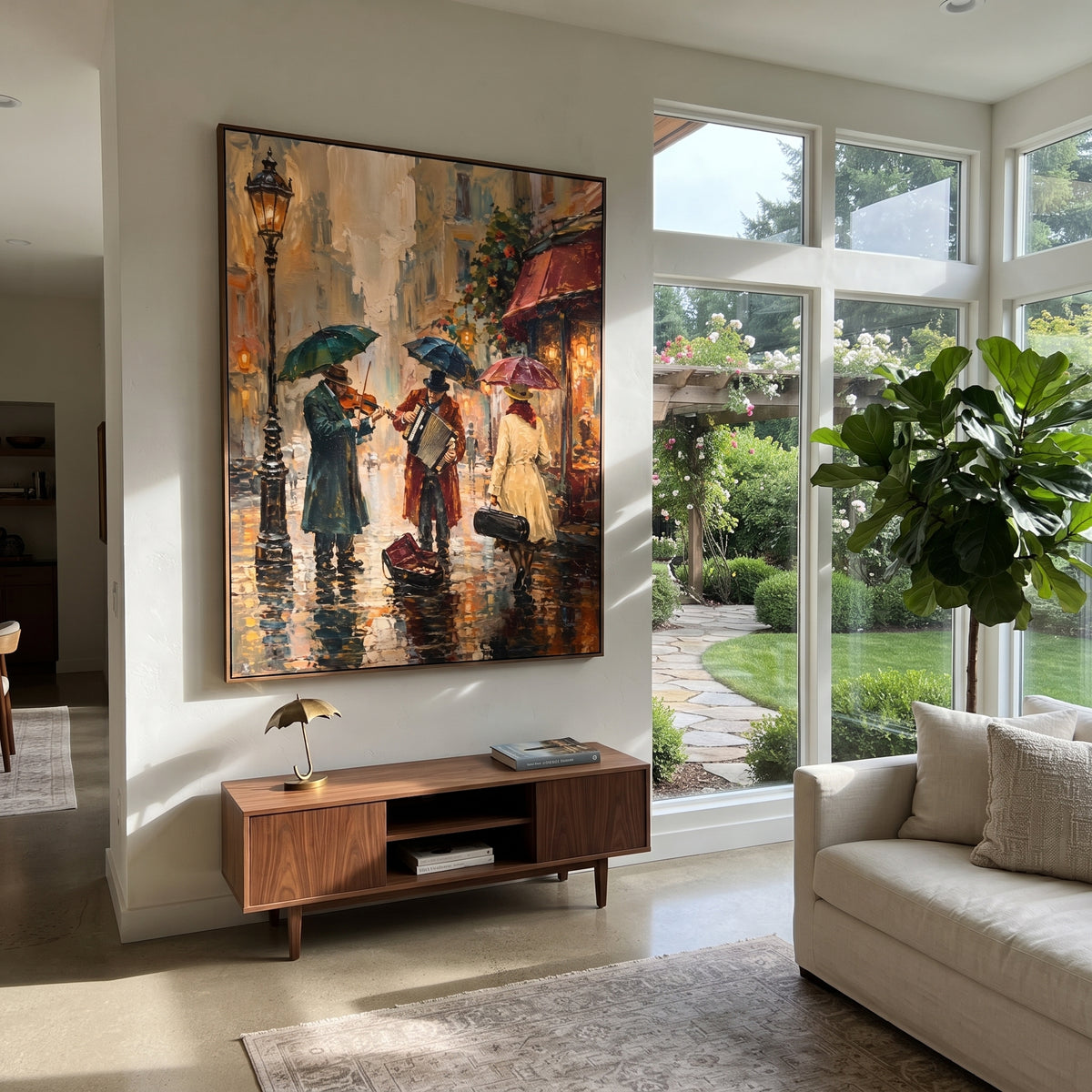 Umbrellas Cross Burnt Rain styled with neutral modern furnishings