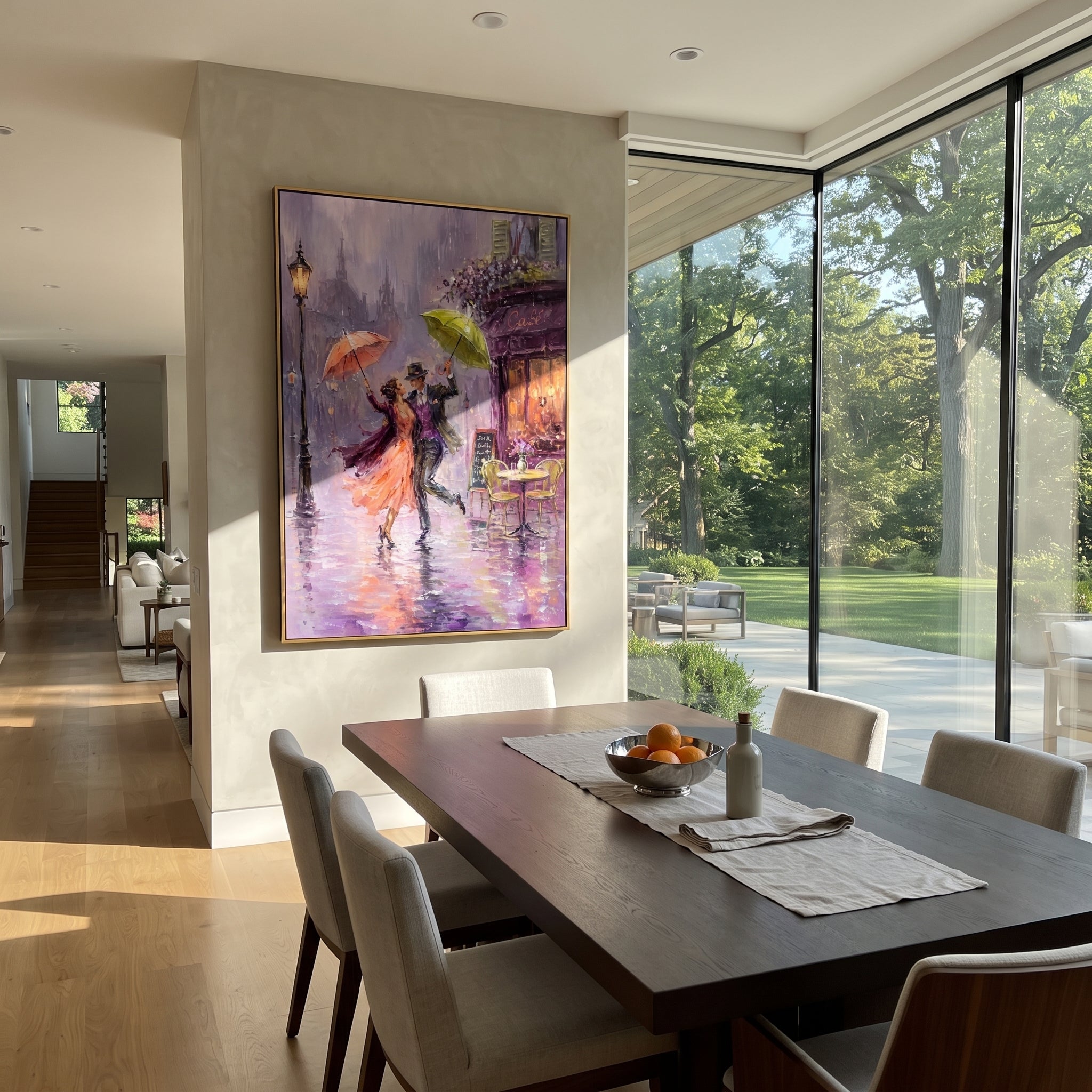Two Umbrellas Share Violet presented above a contemporary console
