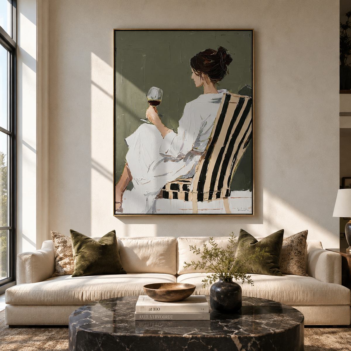Glass Rests Above Stripes displayed in a warm contemporary interior