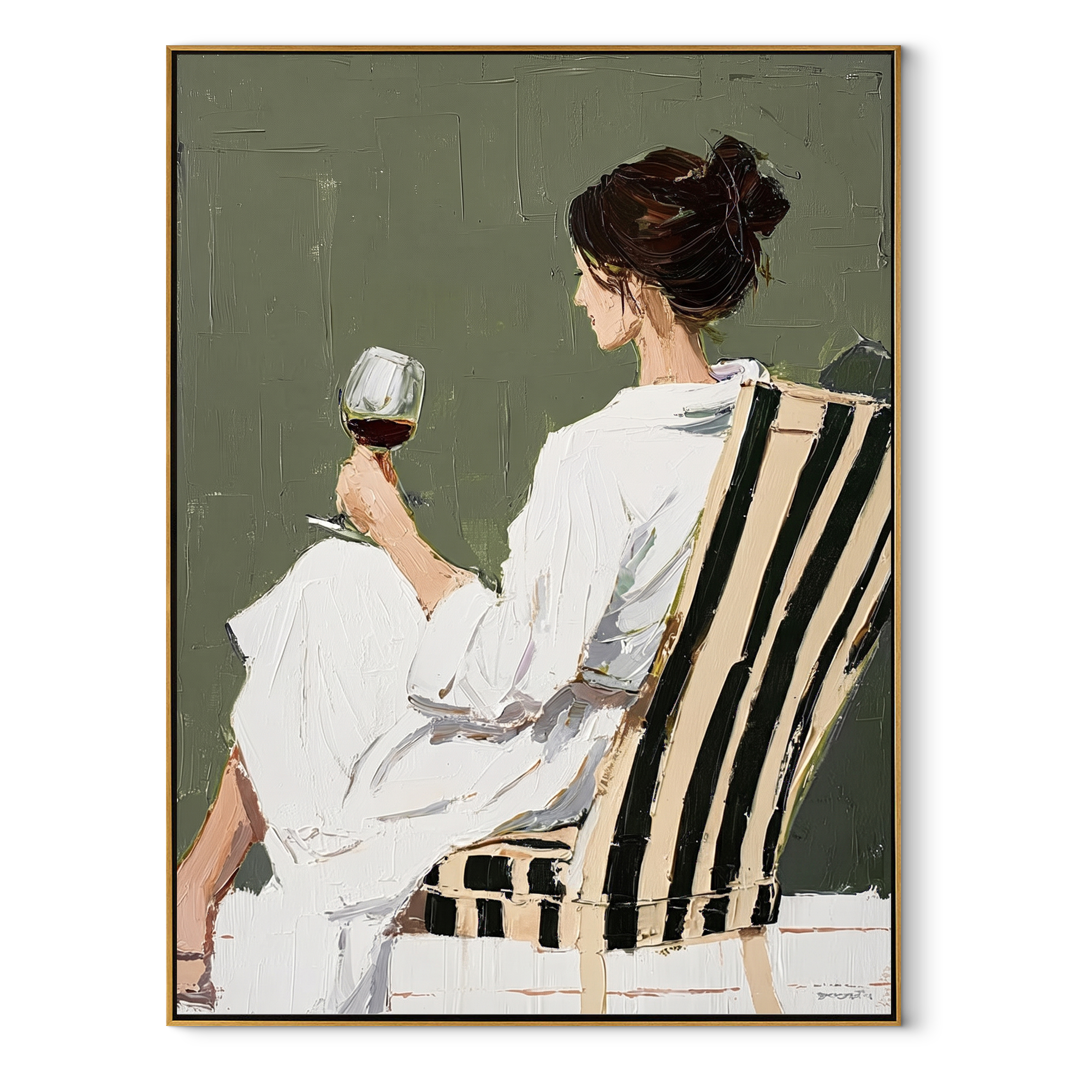 Glass Rests Above Stripes textured figurative painting, vertical canvas artwork