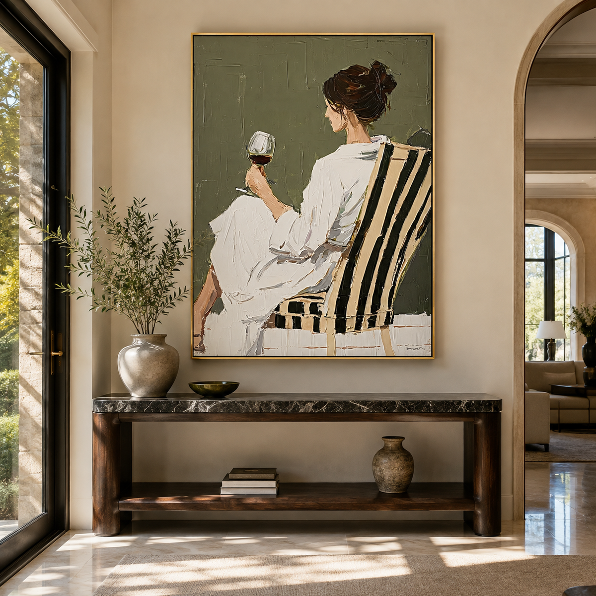 Glass Rests Above Stripes displayed as a Retro Modern room focal point