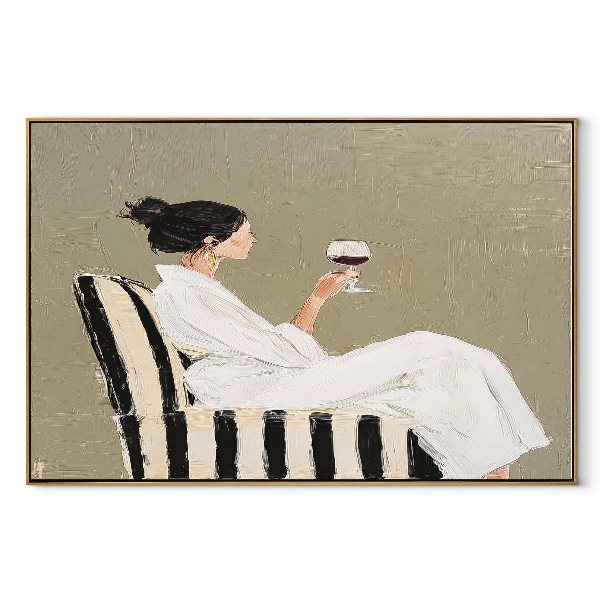 Wine Waits In White textured figurative painting, horizontal canvas artwork