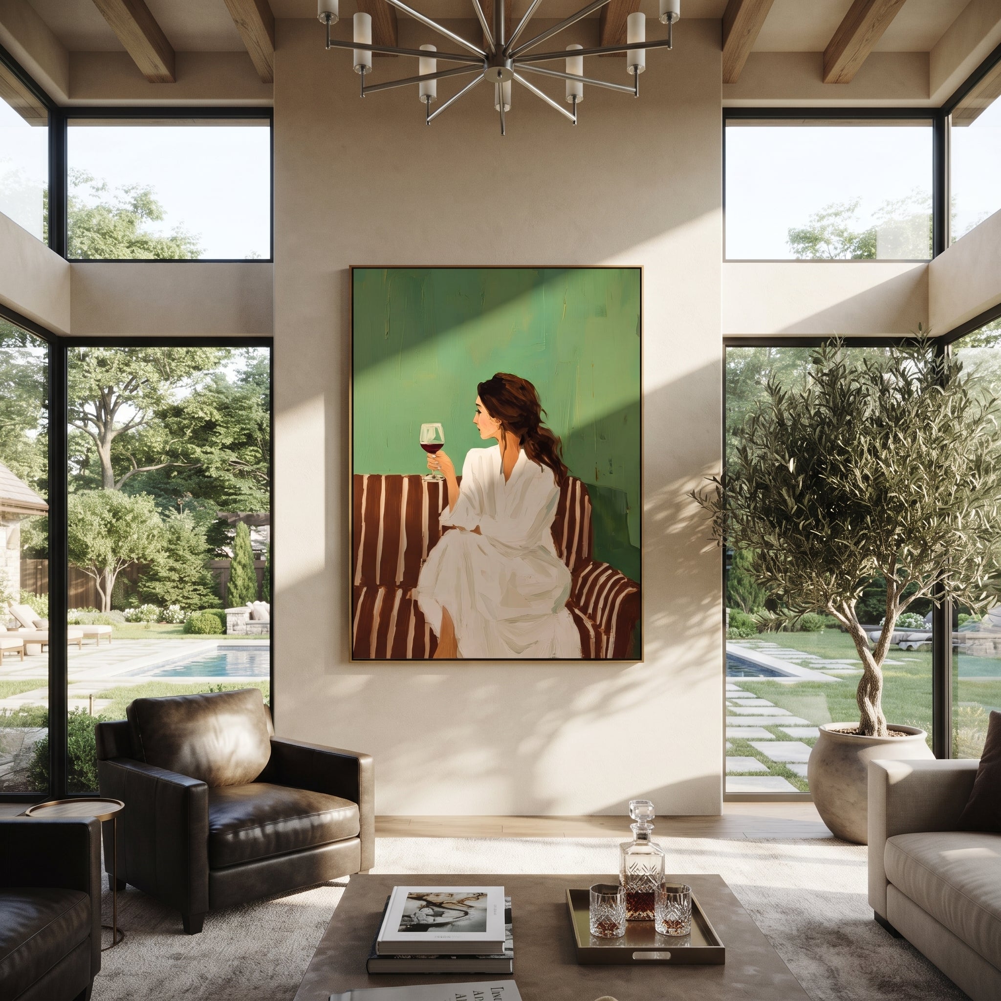 White Cup Faces Green displayed in a warm contemporary interior