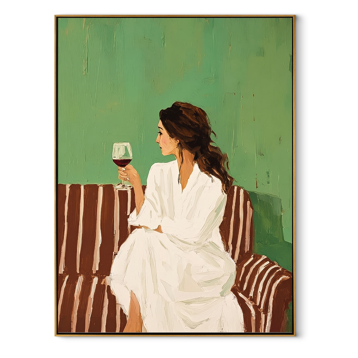 White Cup Faces Green textured figurative painting, vertical canvas artwork