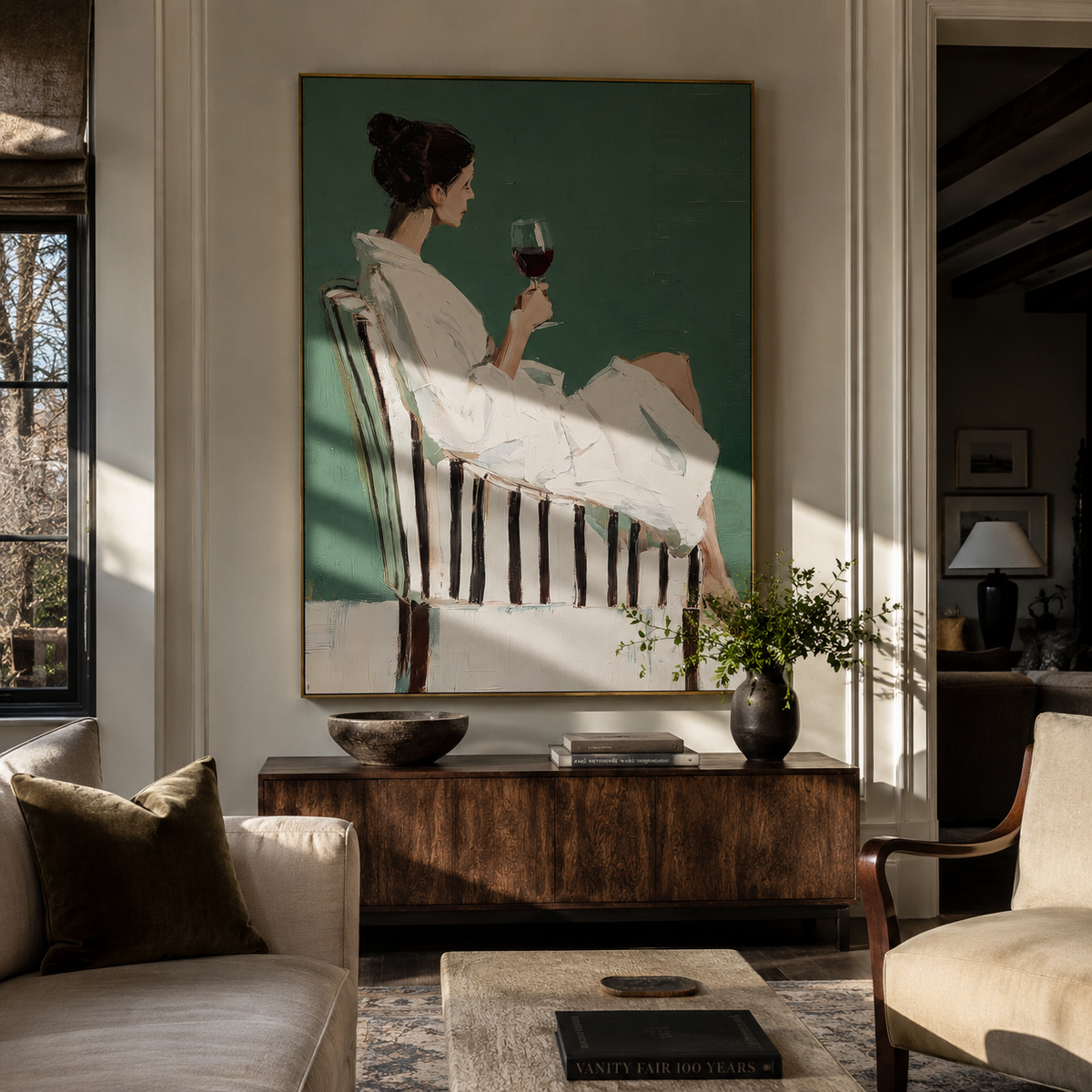 Red Wine Holds Evening presented above a contemporary console