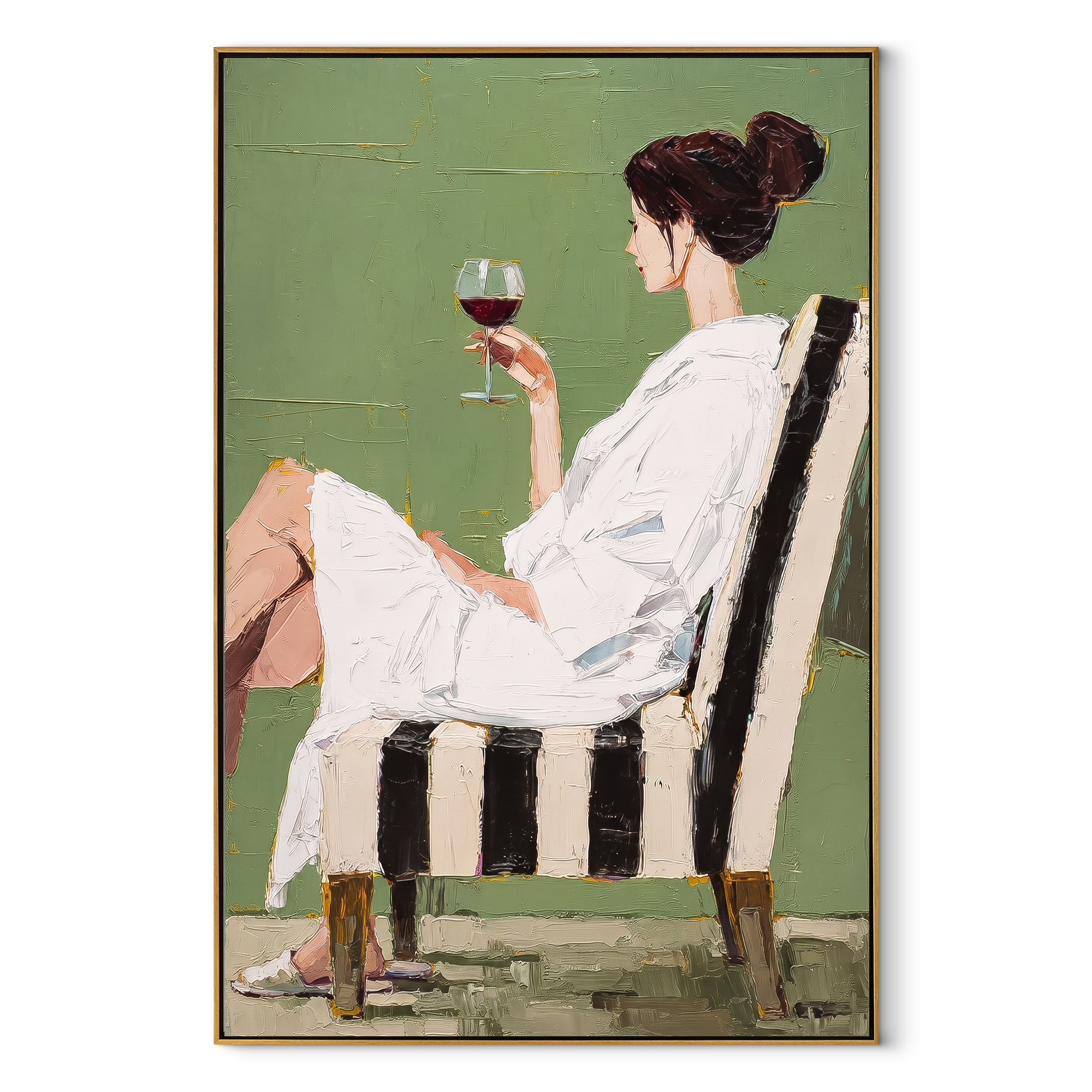 Green Room Keeps Wine textured figurative painting, vertical canvas artwork