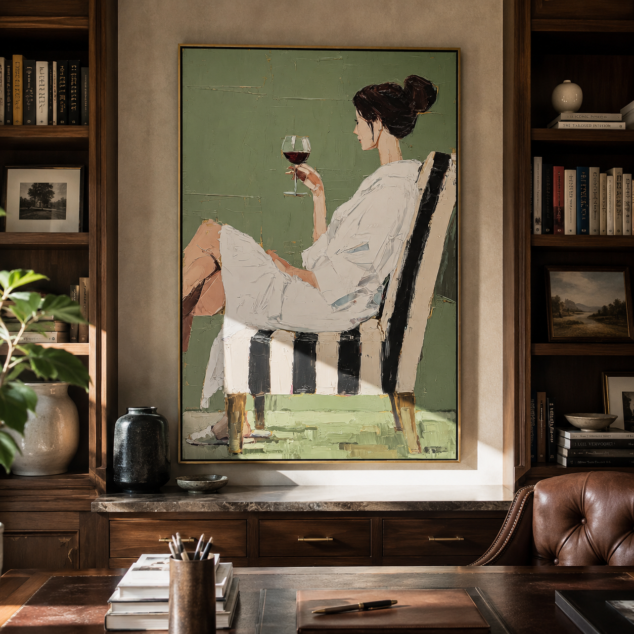 Green Room Keeps Wine styled with neutral modern furnishings