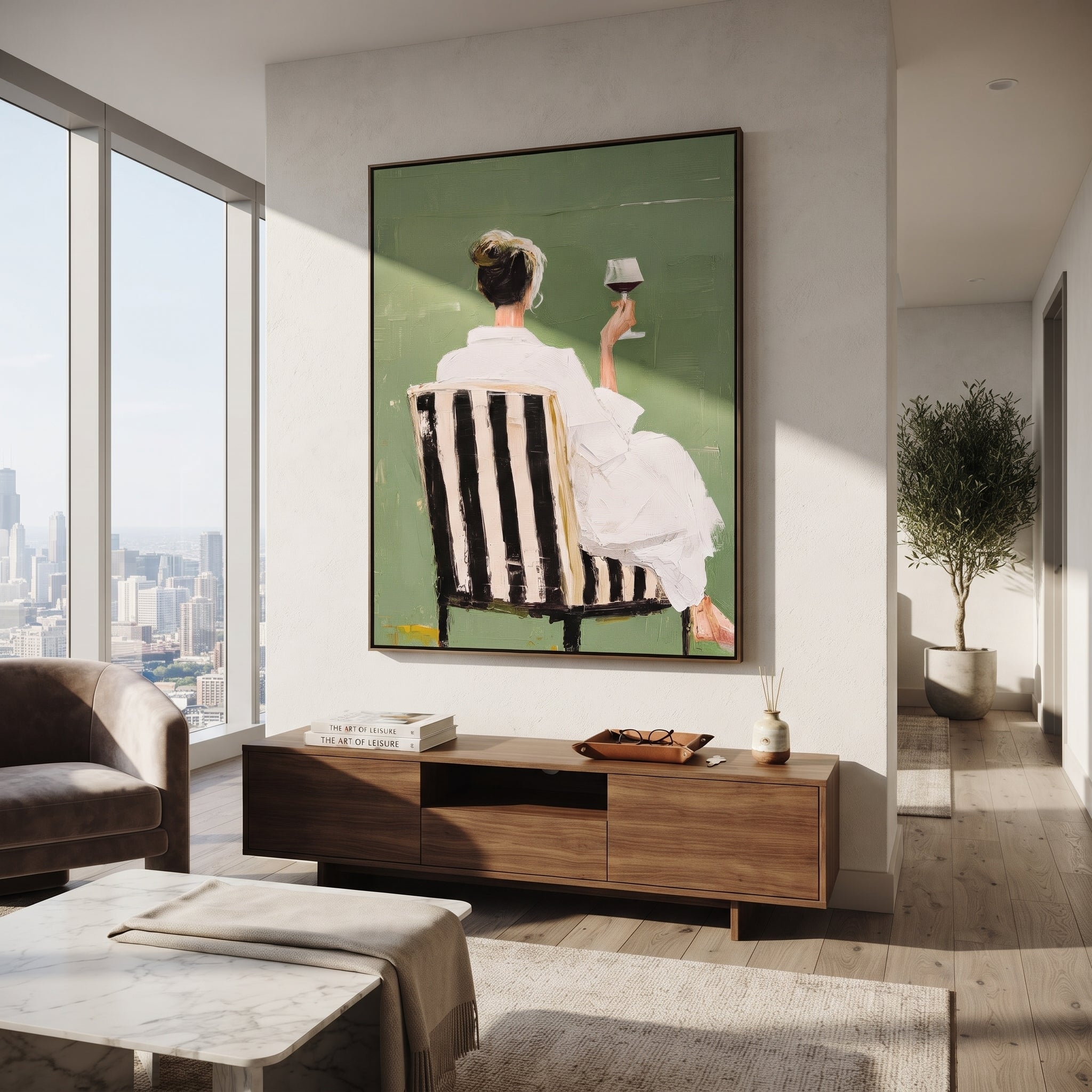 Wine Turns Toward Green displayed in a warm contemporary interior