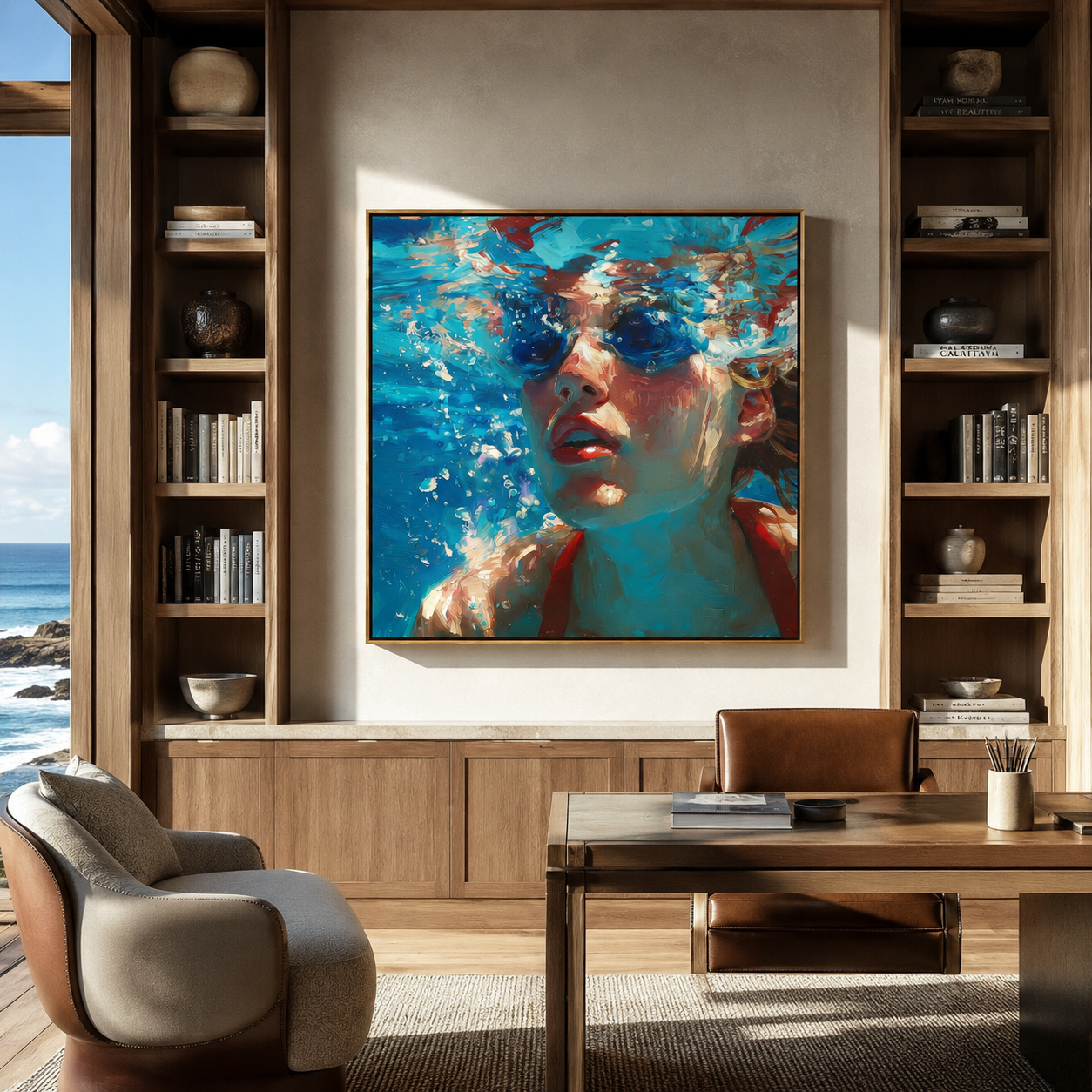 Coral Drifts Around Her presented above a contemporary console