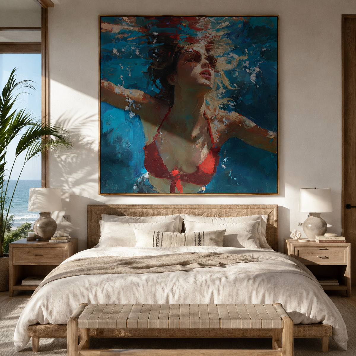 Red Lips Enter Water styled with neutral modern furnishings