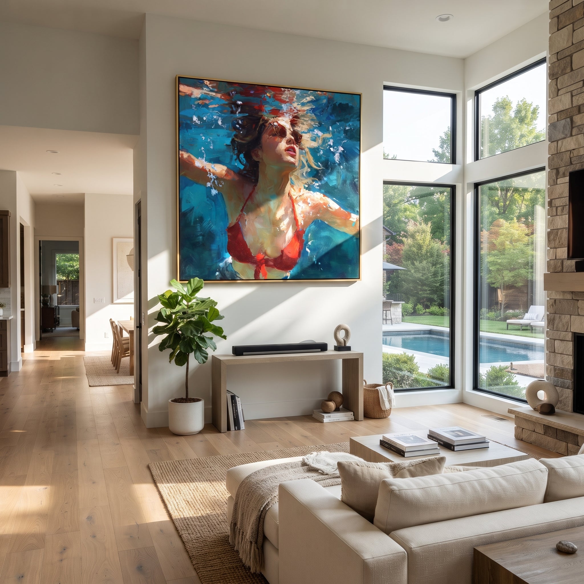 Red Lips Enter Water presented above a contemporary console