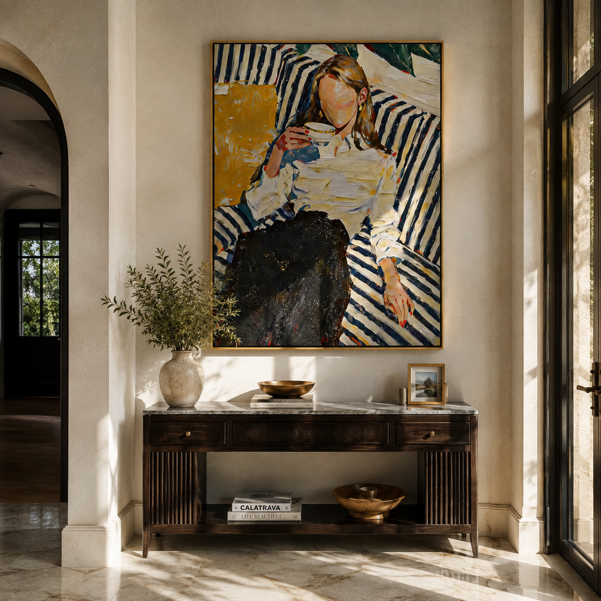 Blue Stripes Fold Inward displayed in a warm contemporary interior