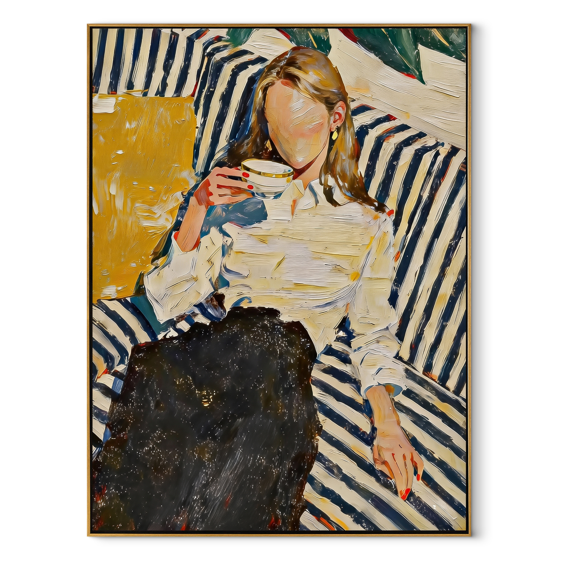 Blue Stripes Fold Inward textured figurative painting, vertical canvas artwork
