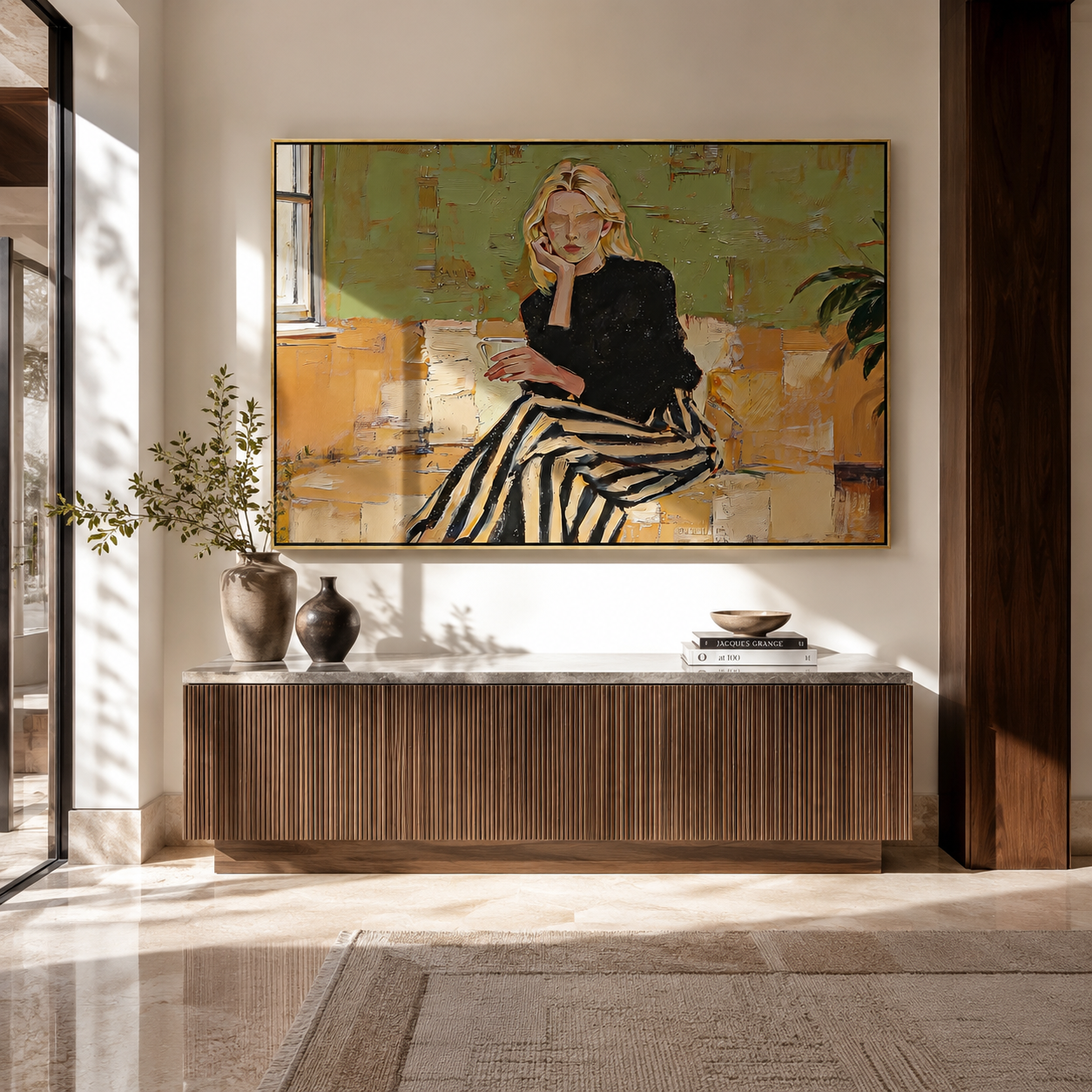 Black Skirt Crosses Green displayed in a warm contemporary interior