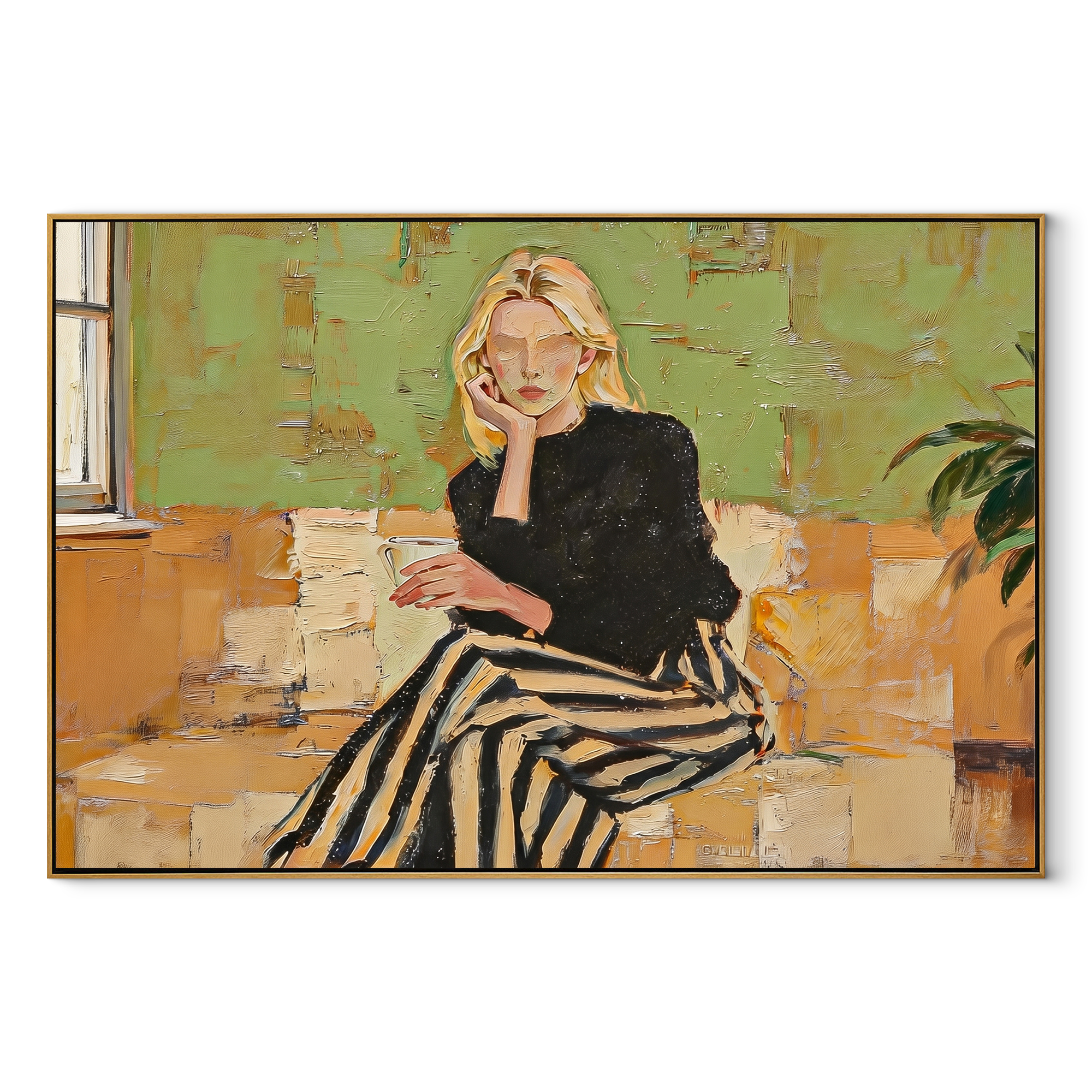 Black Skirt Crosses Green textured figurative painting, horizontal canvas artwork