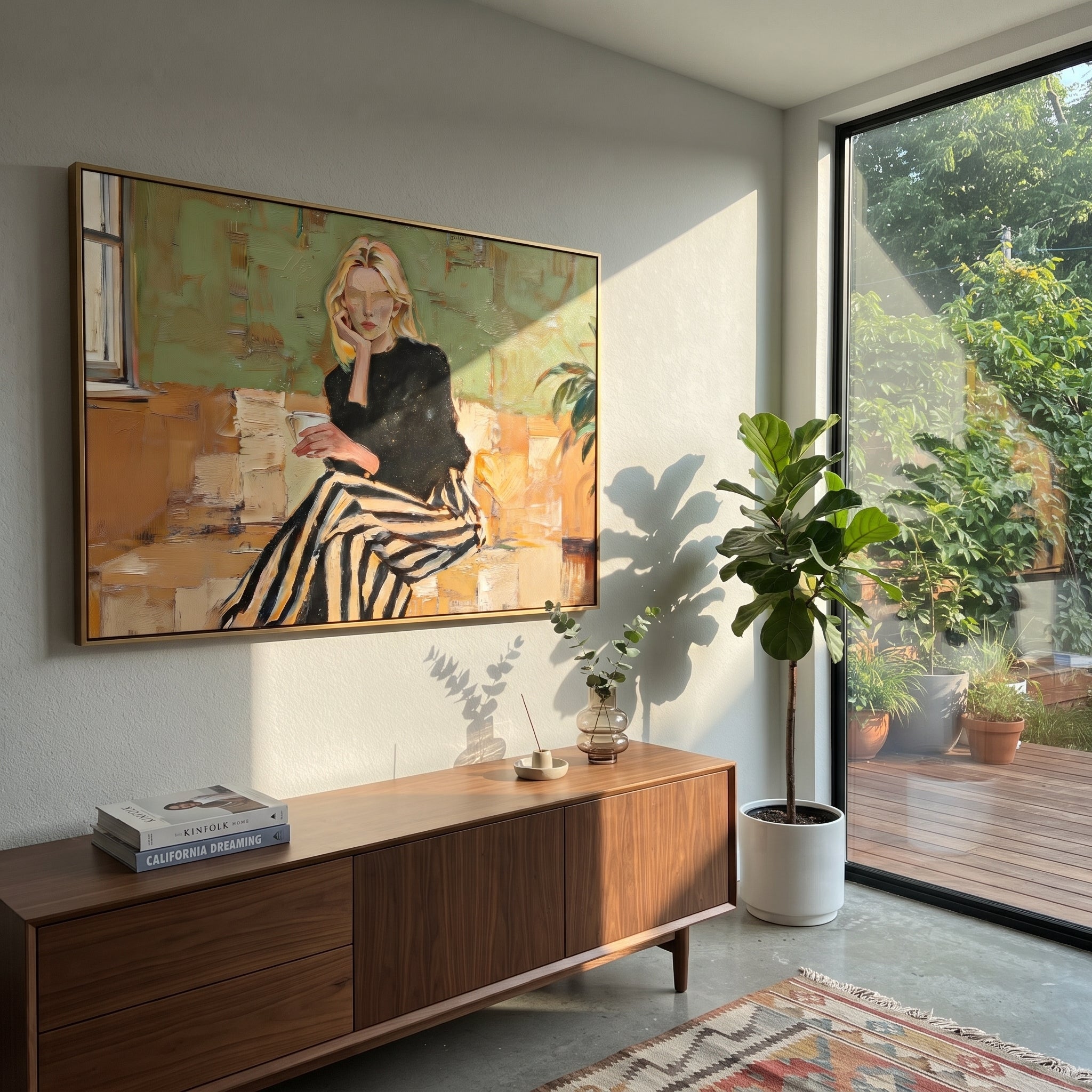 Black Skirt Crosses Green styled with neutral modern furnishings