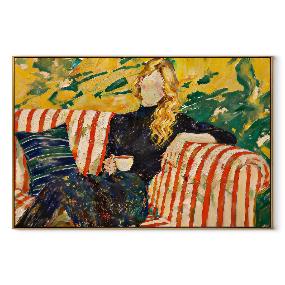 Striped Rest Meets Garden textured figurative painting, horizontal canvas artwork