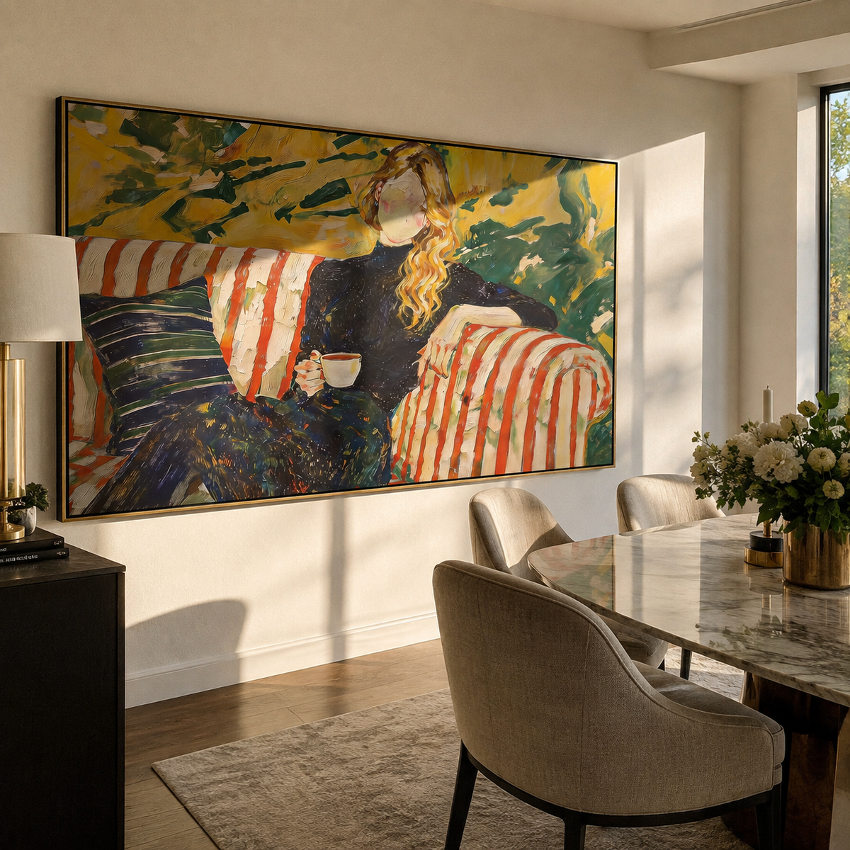 Striped Rest Meets Garden presented above a contemporary console