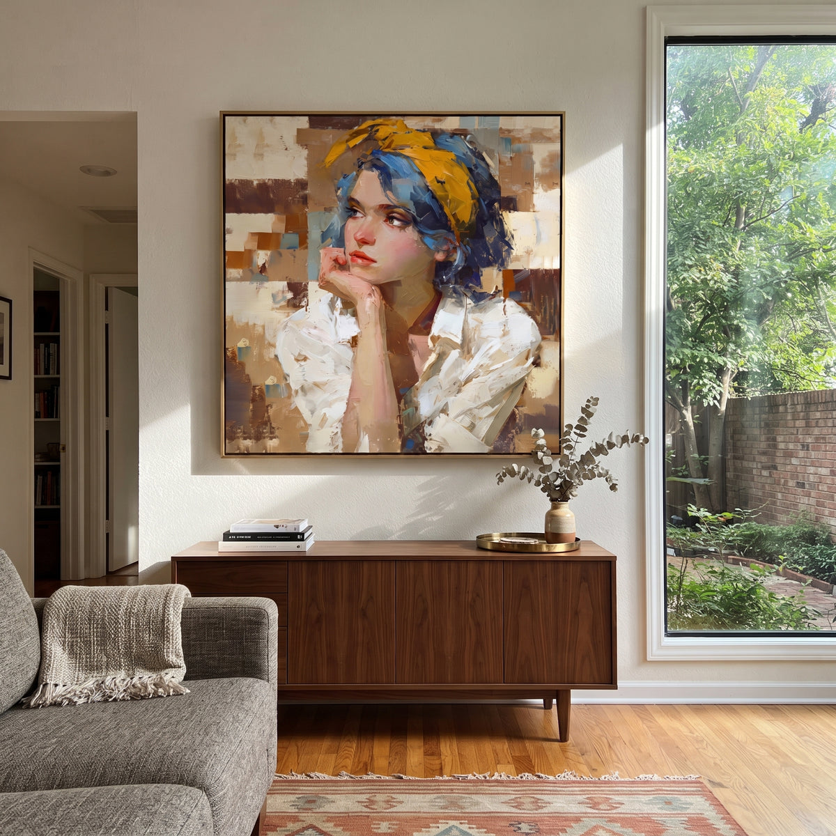 Blue Headwrap Holds Thought displayed in a warm contemporary interior