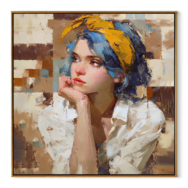 Blue Headwrap Holds Thought – Cubist Headwrap Woman Painting | Retro Modern Square Wall Art
