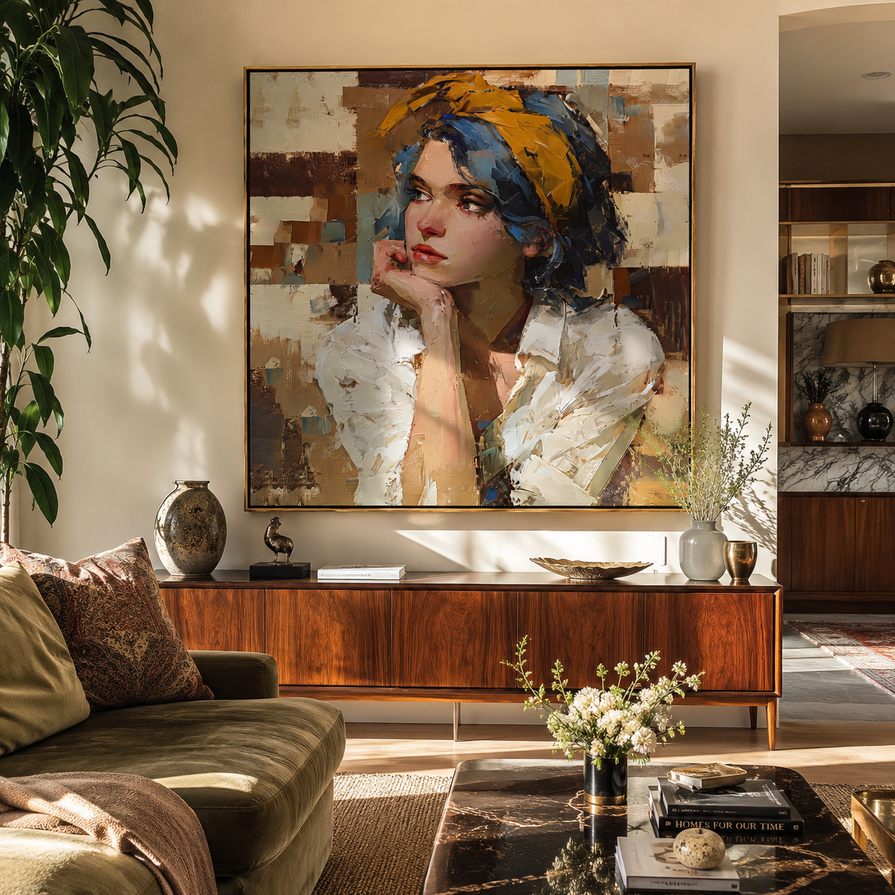 Blue Headwrap Holds Thought presented above a contemporary console