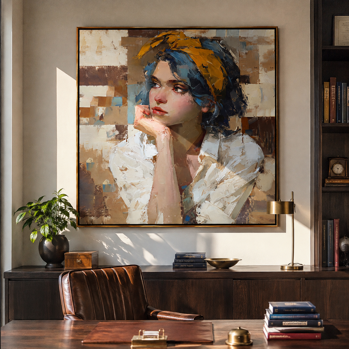 Blue Headwrap Holds Thought displayed as a Retro Modern room focal point
