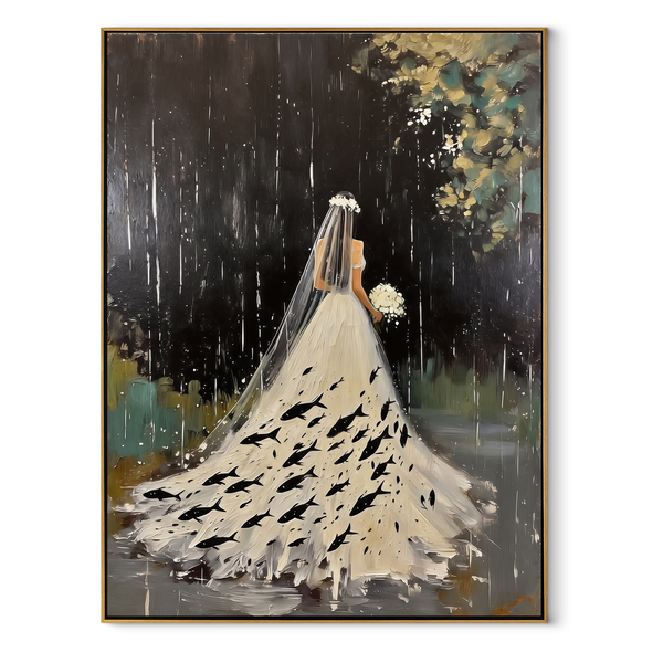 White Gown Finds Night – Woman in White Gown Painting | Retro Modern Vertical Wall Art