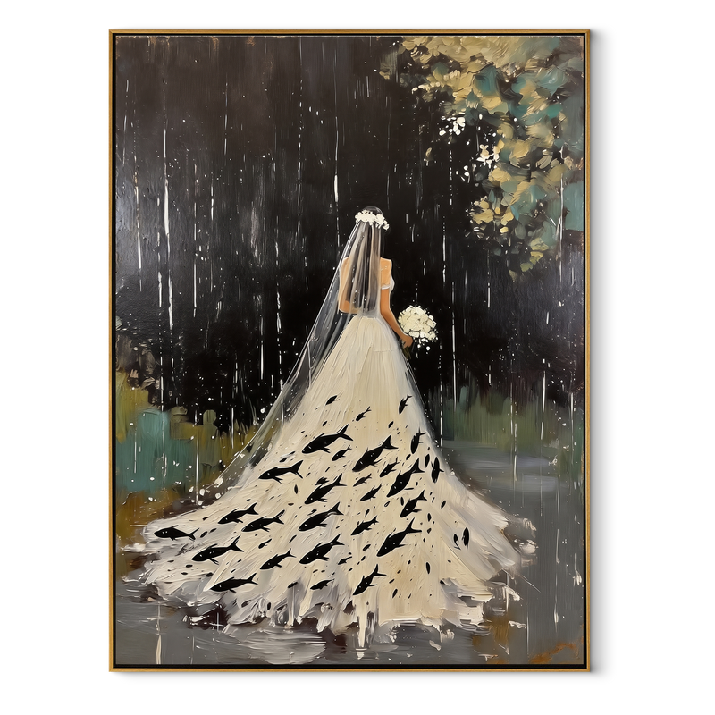 White Gown Finds Night – Woman in White Gown Painting | Retro Modern Vertical Wall Art