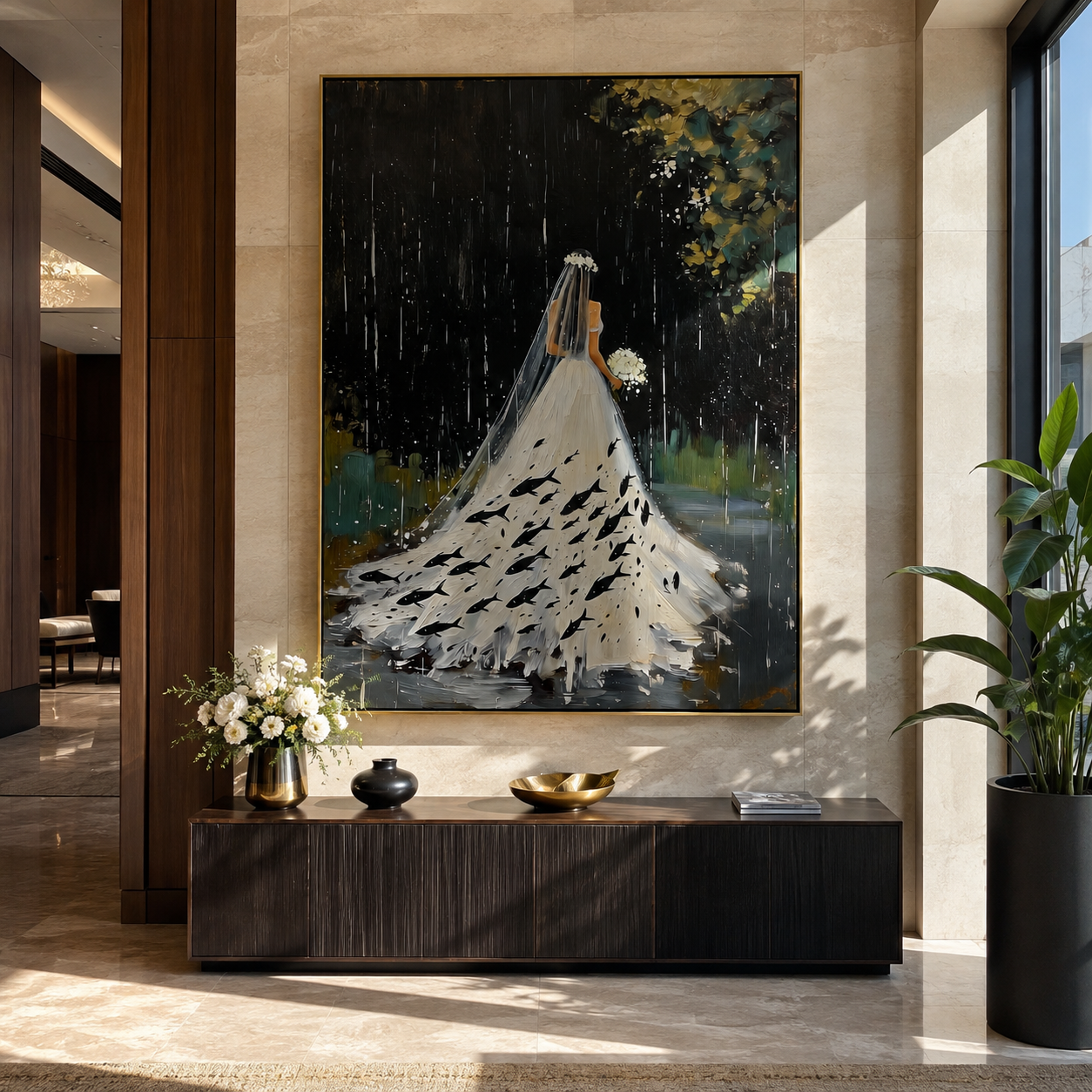 White Gown Finds Night styled with neutral modern furnishings
