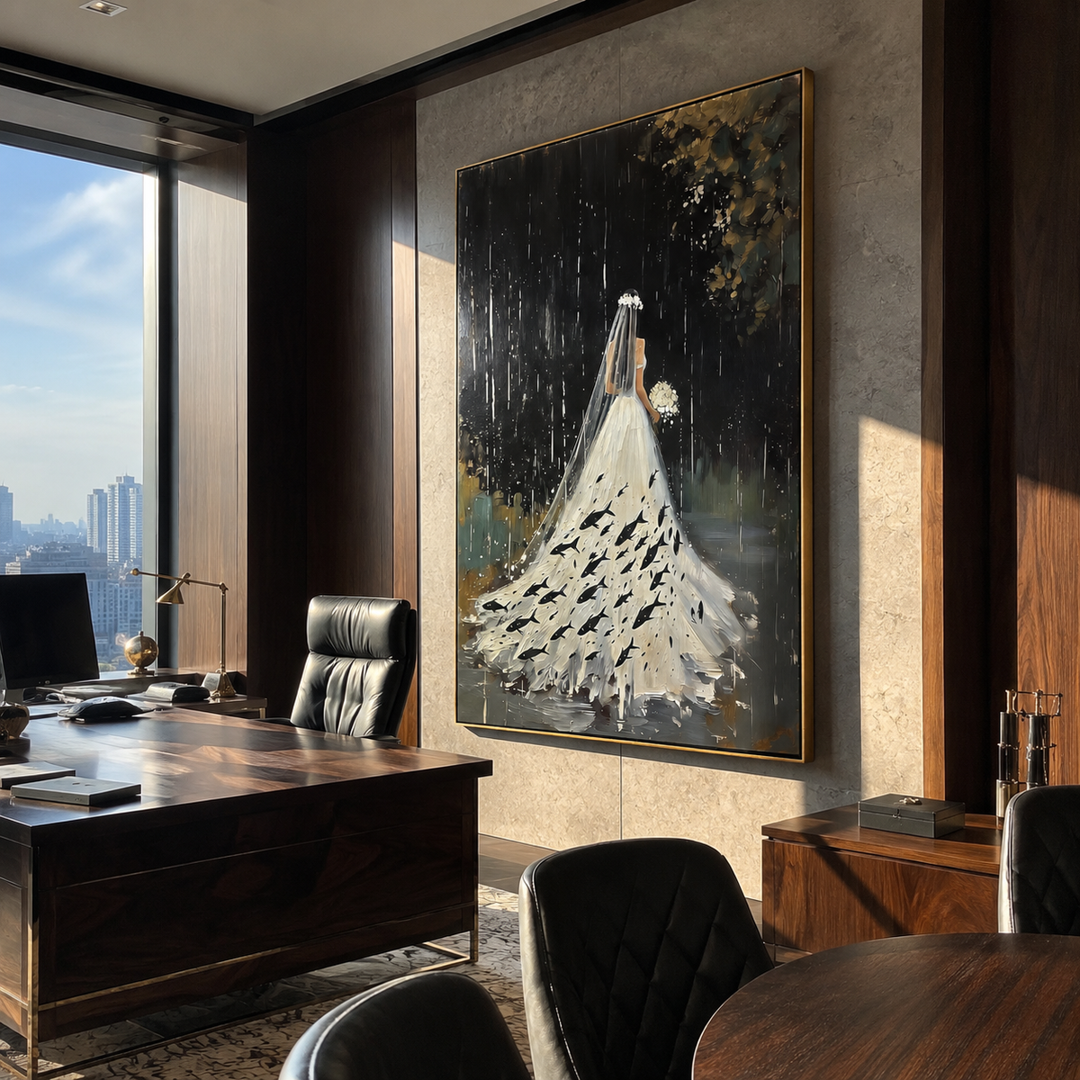 White Gown Finds Night presented above a contemporary console