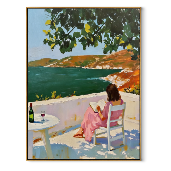 Lake Light Keeps Company – Seated Woman by Lake Painting | Retro Modern Vertical Wall Art