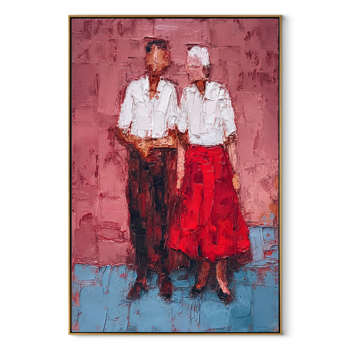 Two Women Wear Scarlet textured figurative painting, vertical canvas artwork